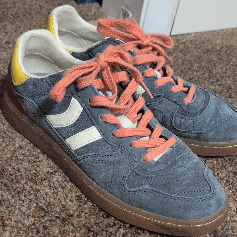 Coolway Gray Suede Athletic Sneakers with Coral Laces and Yellow Heel